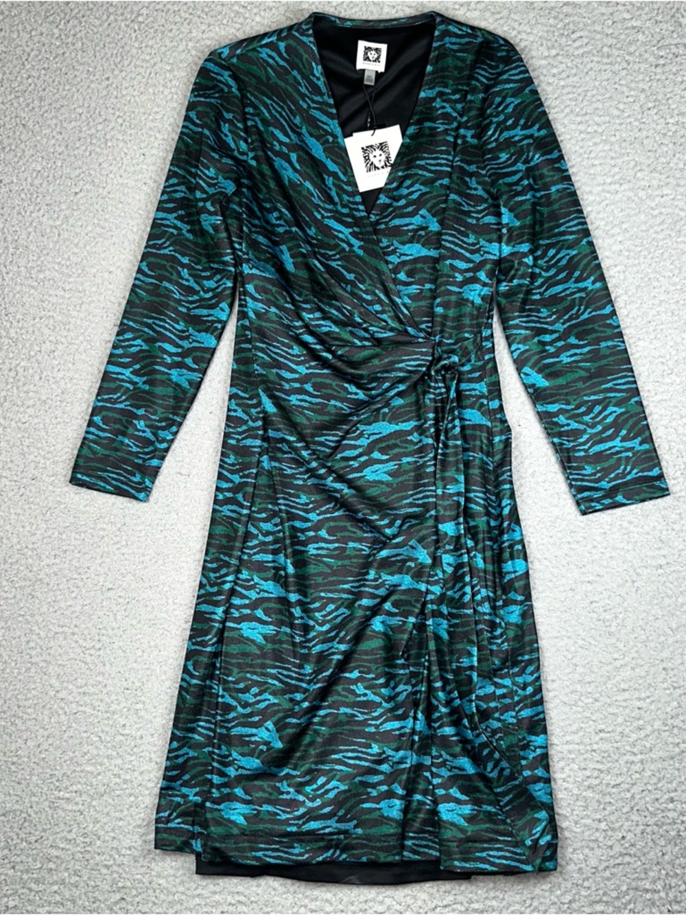 Anne Klein Faux Wrap Dress XXS Green Teal Animal Print V Neck Ruched Stretch NEW